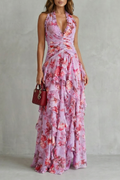 Carla | Vestido largo romántico con cuello halter y rosas en cascada