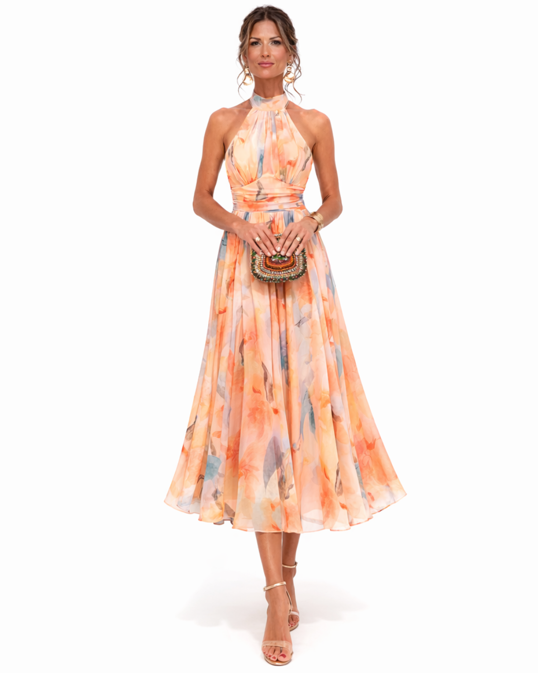 Aurora | Vestido con estampado de acuarela y cuello halter