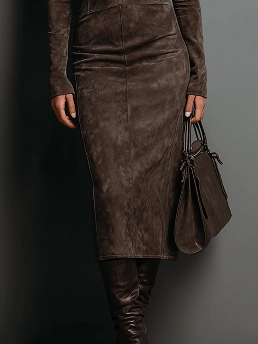 Lorena | Vestito midi marrone effetto camoscio
