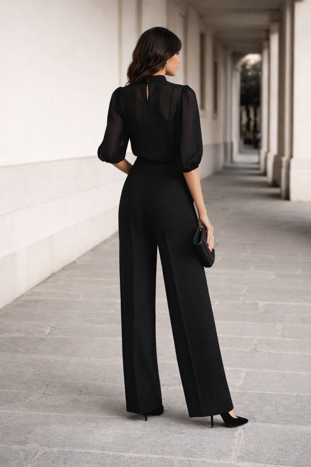 Valentina | Conjunto de tres piezas que incluye una camisola transparente y pantalones de pierna ancha.