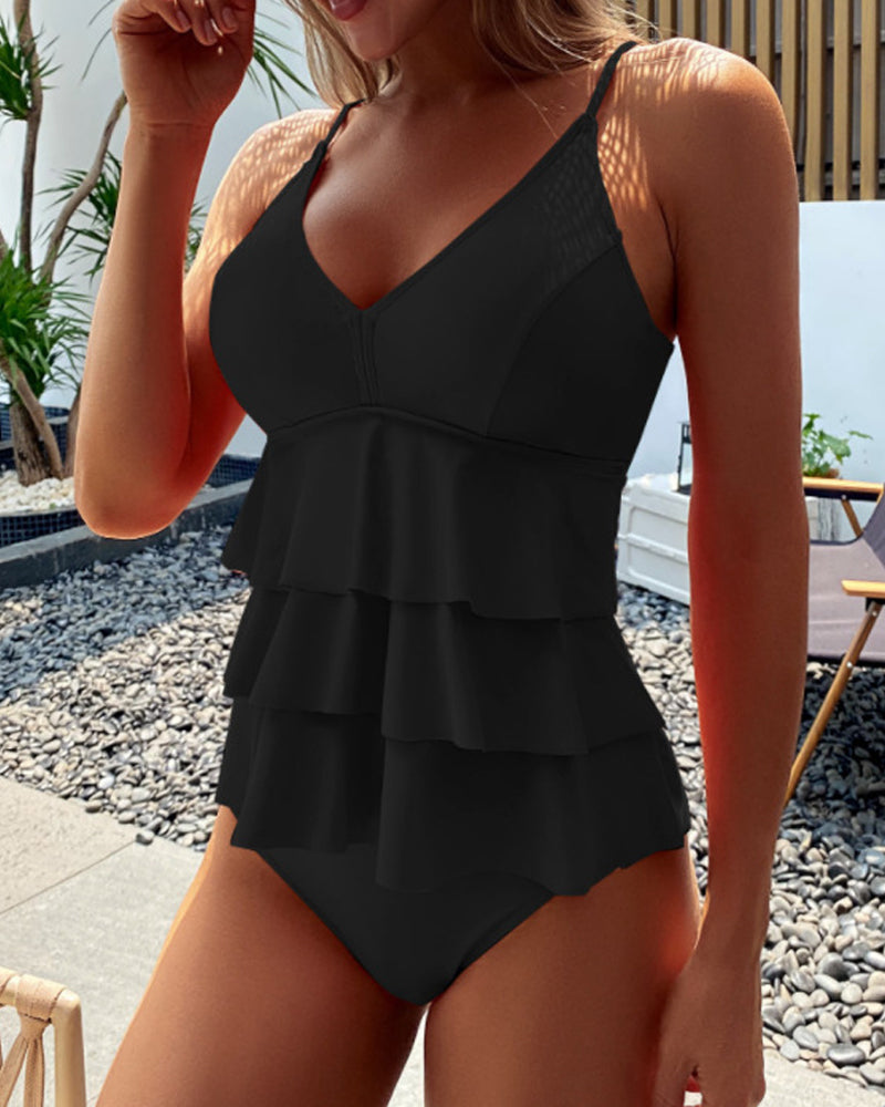 Teresa | Traje de baño liso con volantes elegantes