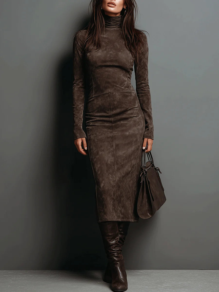 Lorena | Vestito midi marrone effetto camoscio