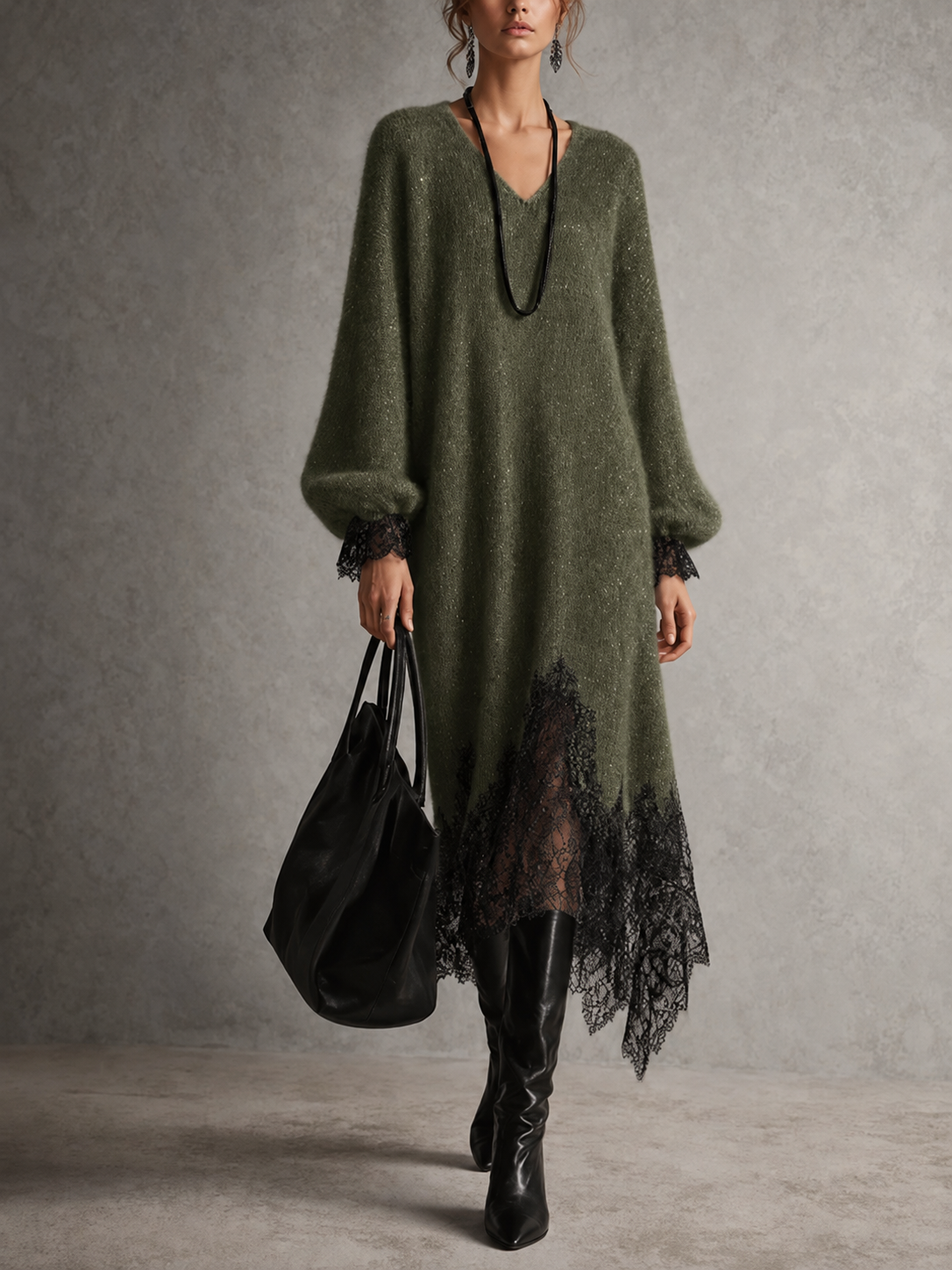 Sofía | Abito midi in maglia con bordo in pizzo