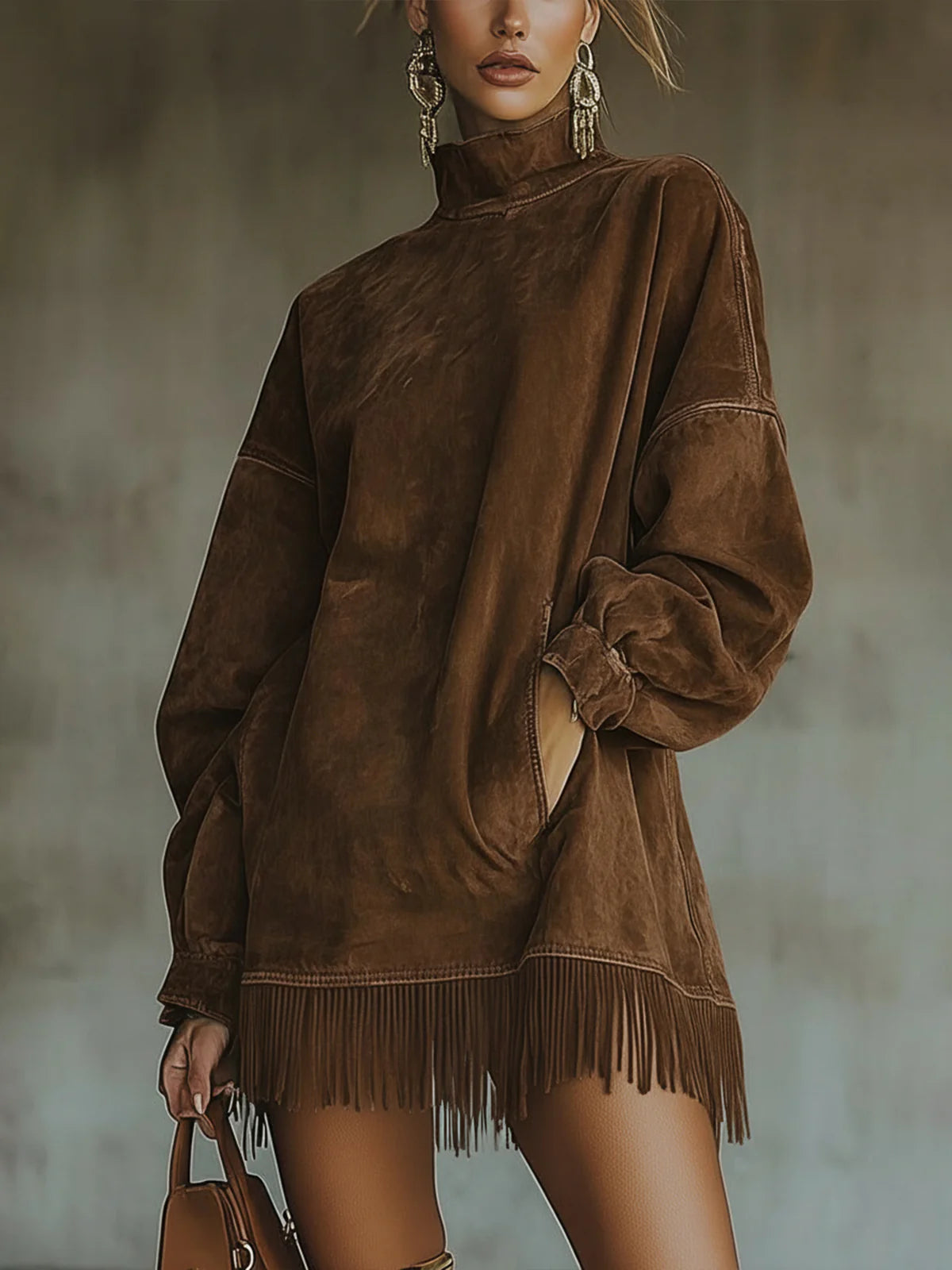 Gabriela | Vestito effetto camoscio con collo alto e frange