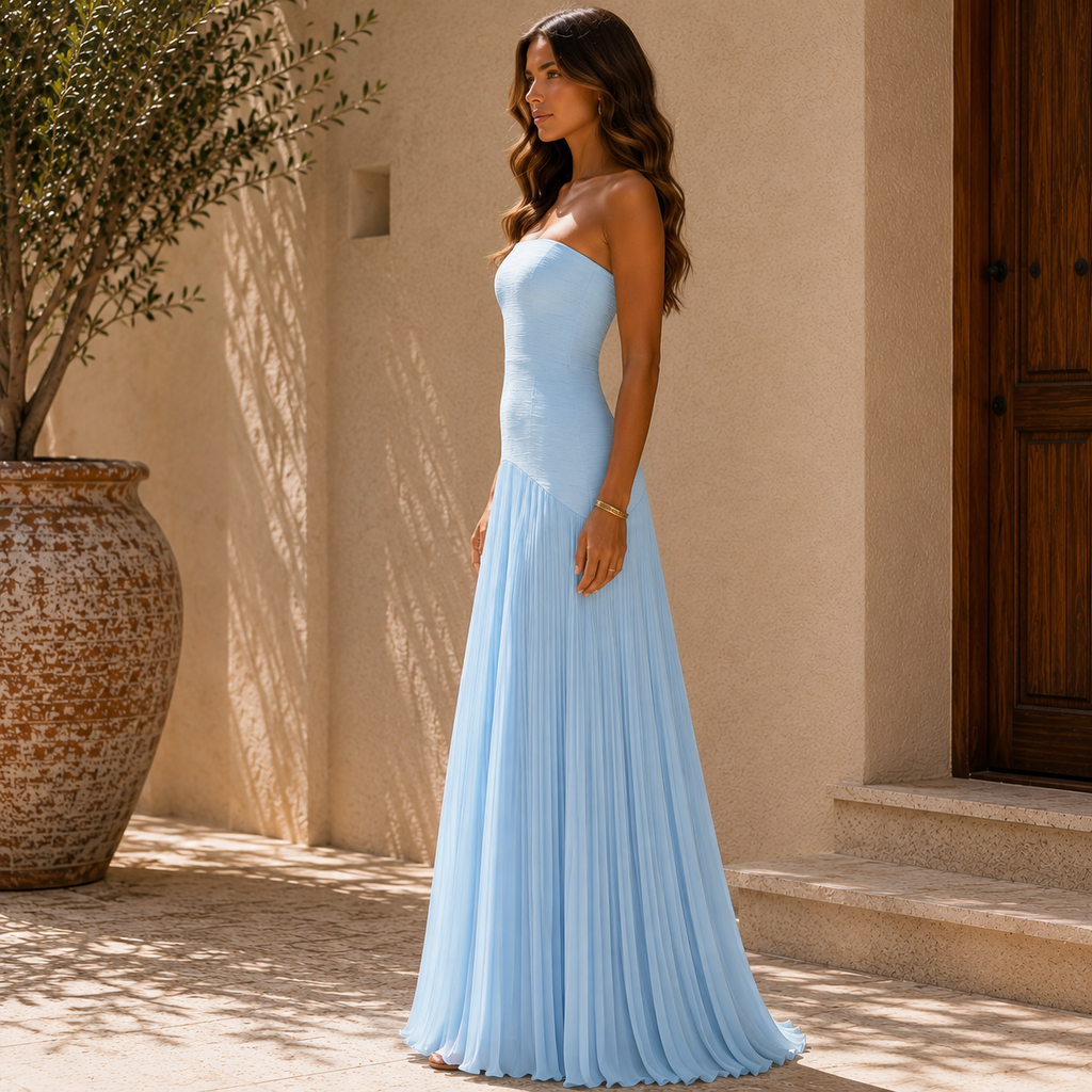 Vestido Largo Palabra de Honor Falda Plisada