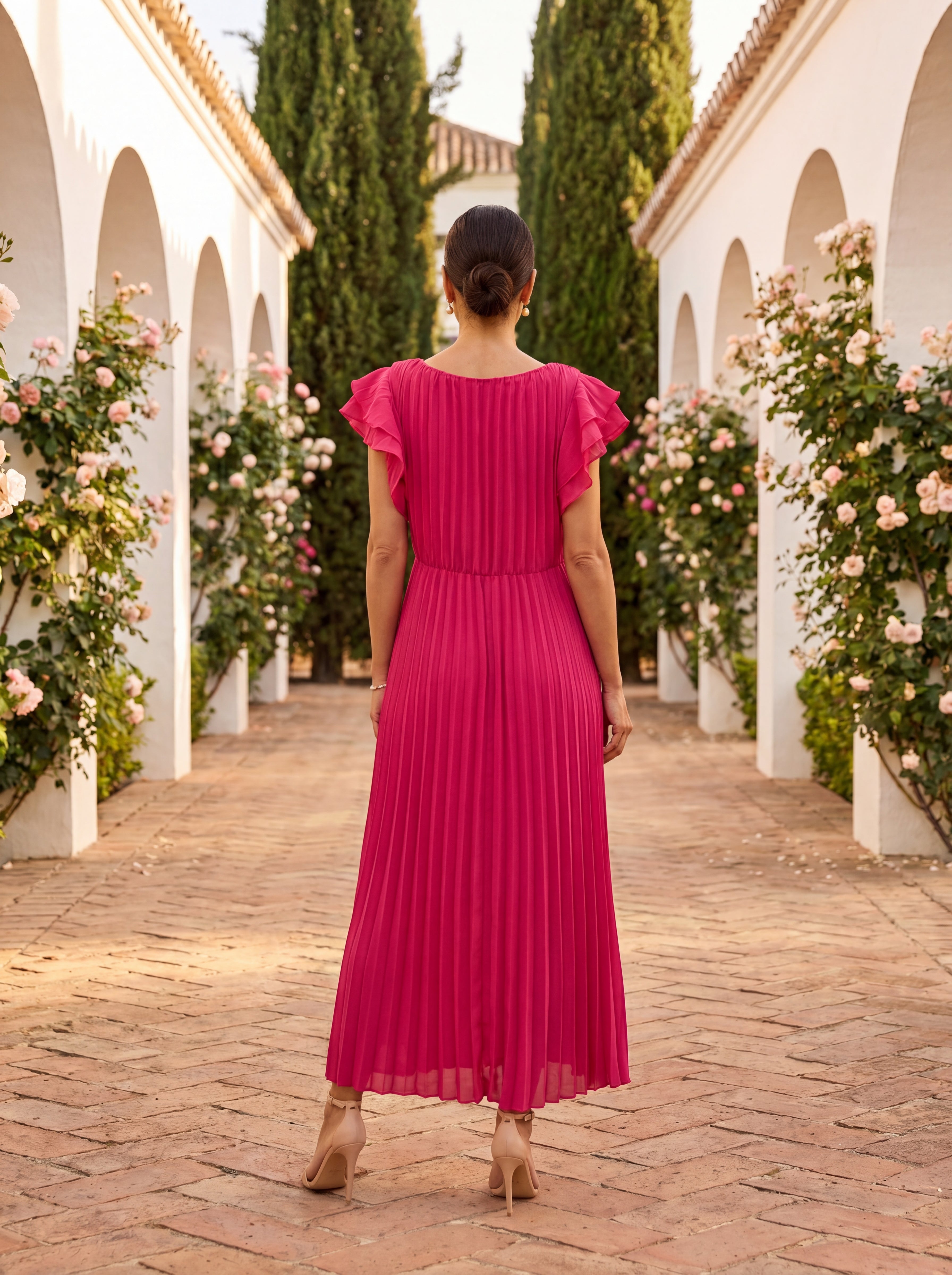 Martina | Vestido largo plisado y elegante con lazada en la cintura