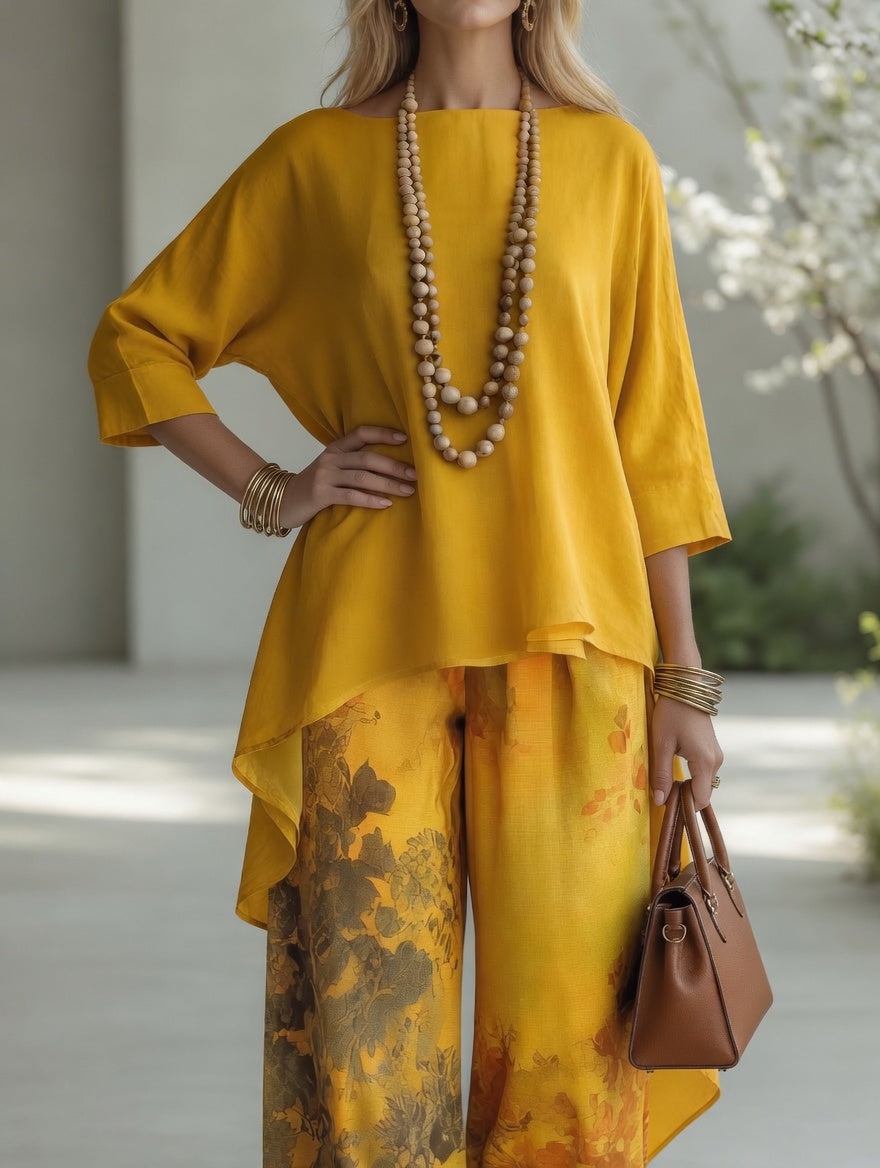SANTINA | Completo Tunica Asimmetrica e Pantalone con Stampa Botanica