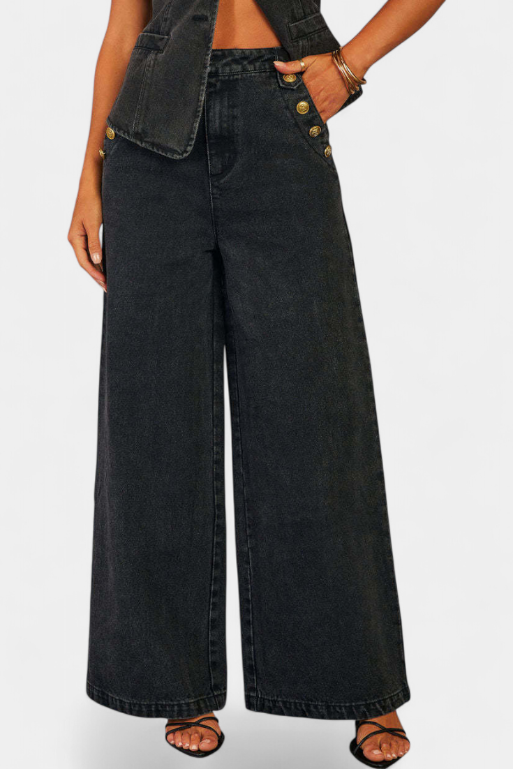Ludovica | Conjunto de Denim con Chaleco Ajustado y Jeans de Pierna Ancha