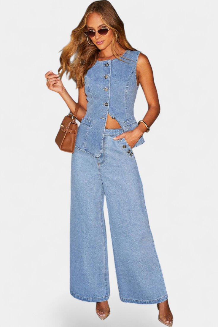 Ludovica | Conjunto de Denim con Chaleco Ajustado y Jeans de Pierna Ancha