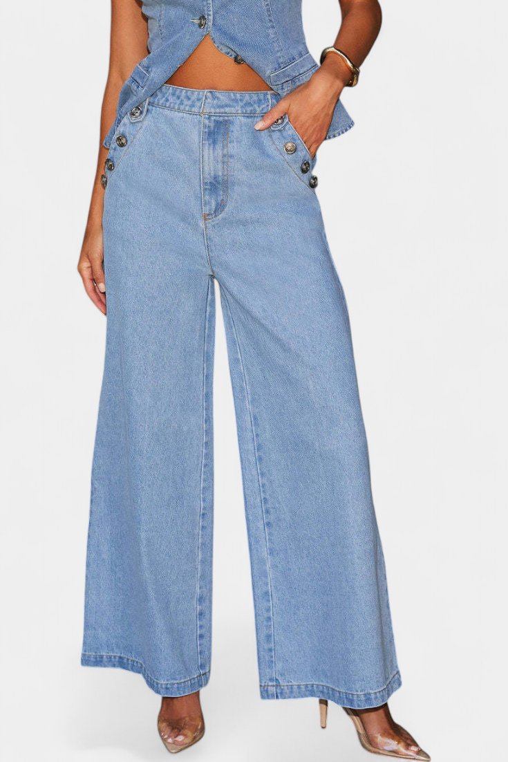 Ludovica | Conjunto de Denim con Chaleco Ajustado y Jeans de Pierna Ancha