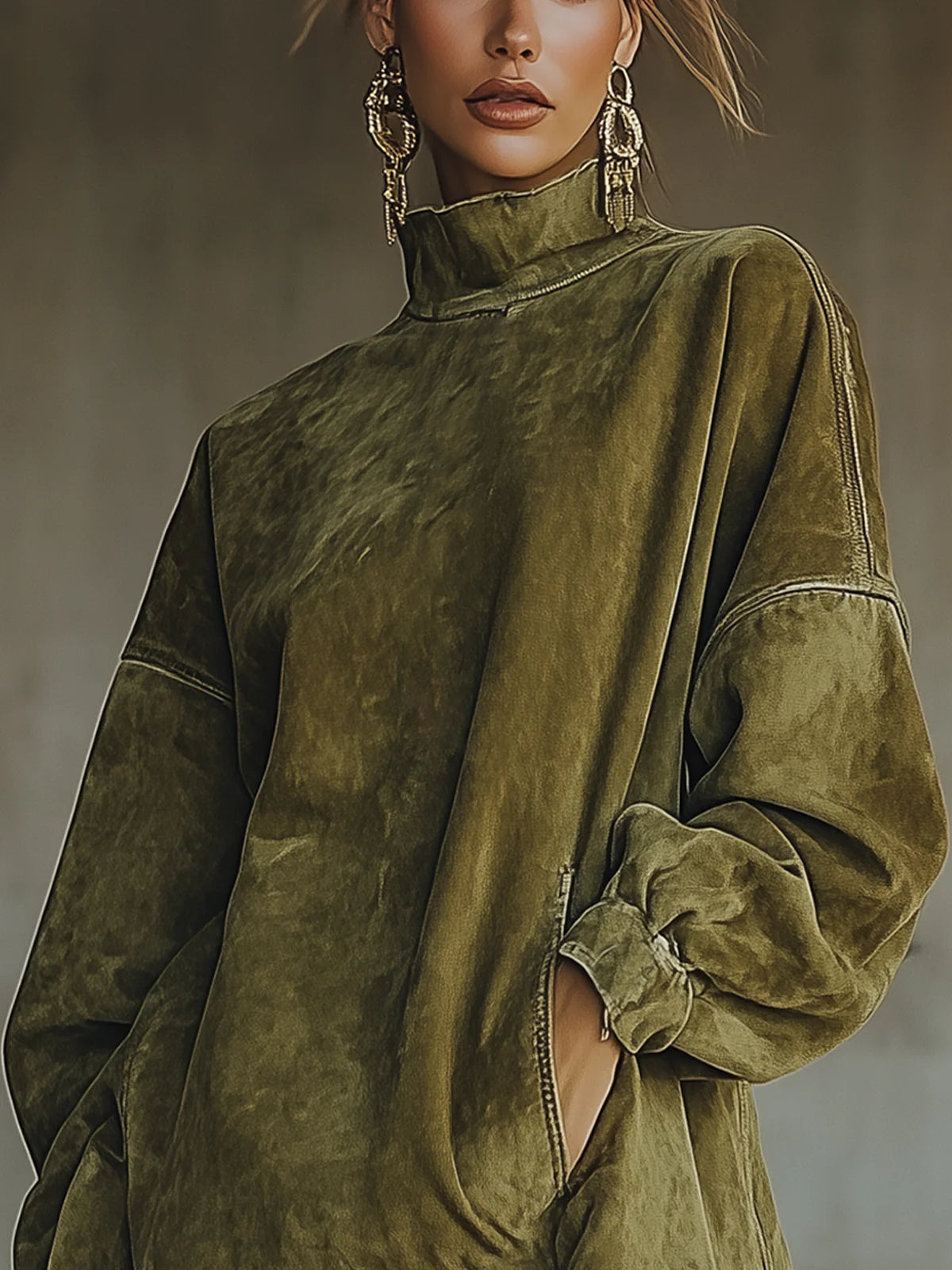 Gabriela | Vestito effetto camoscio con collo alto e frange