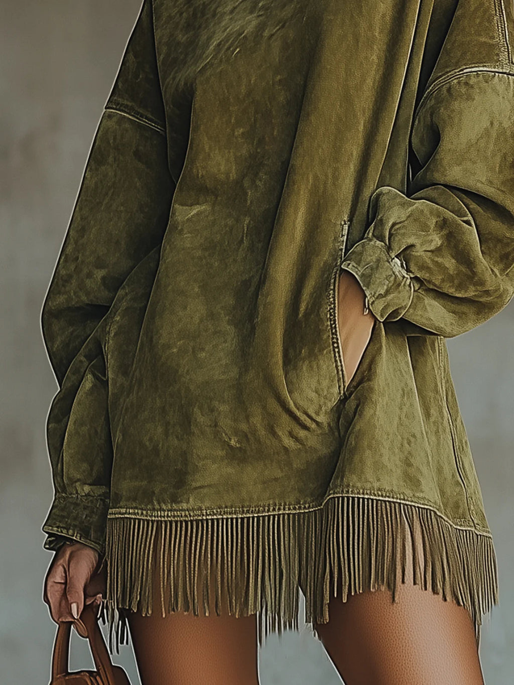 Gabriela | Vestito effetto camoscio con collo alto e frange