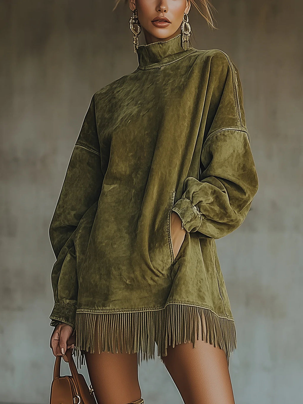 Gabriela | Vestito effetto camoscio con collo alto e frange