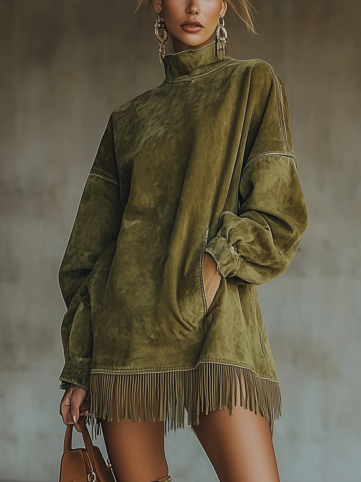 Gabriela | Vestito effetto camoscio con collo alto e frange