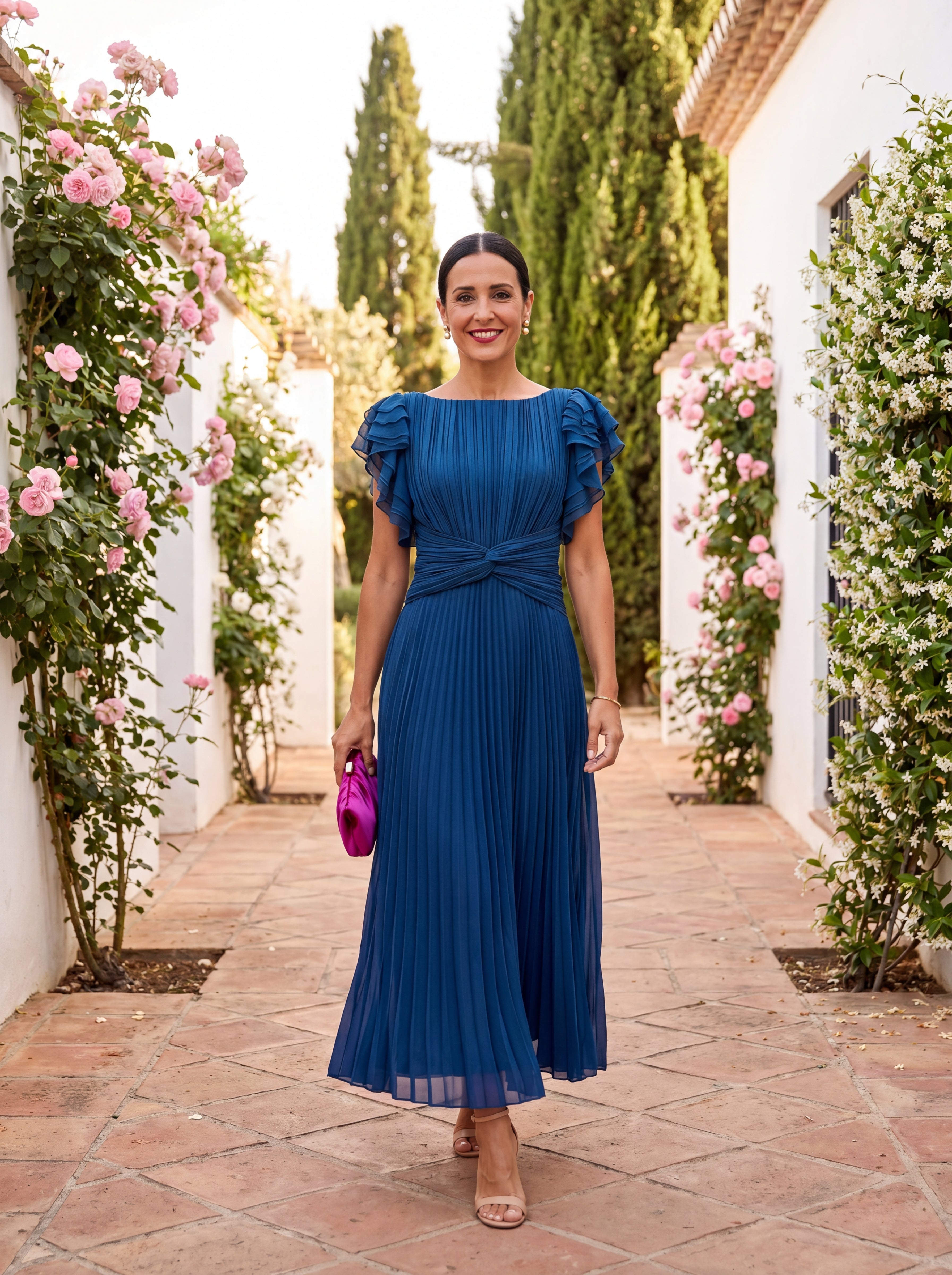 Martina | Vestido largo plisado y elegante con lazada en la cintura