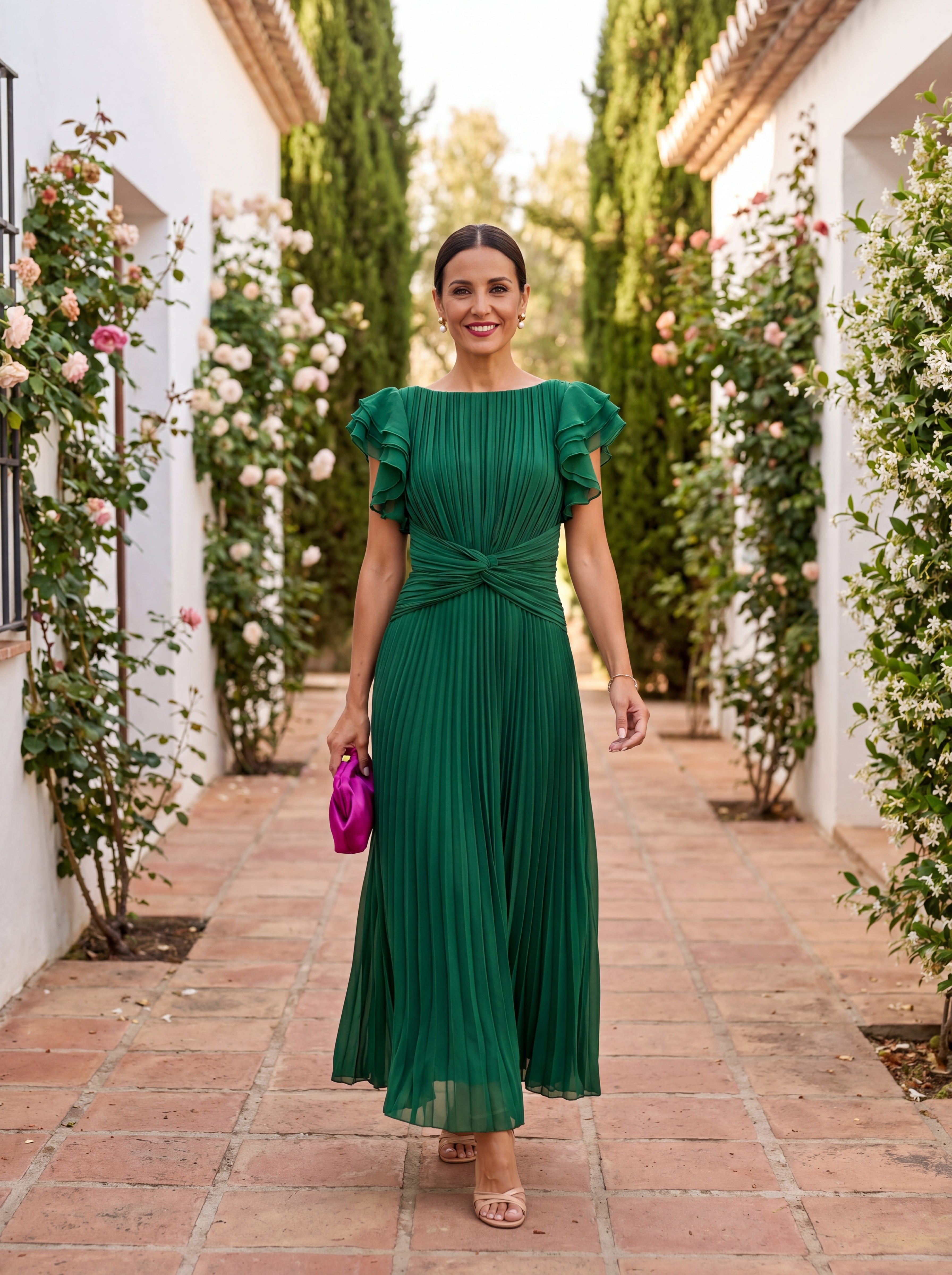 Martina | Vestido largo plisado y elegante con lazada en la cintura