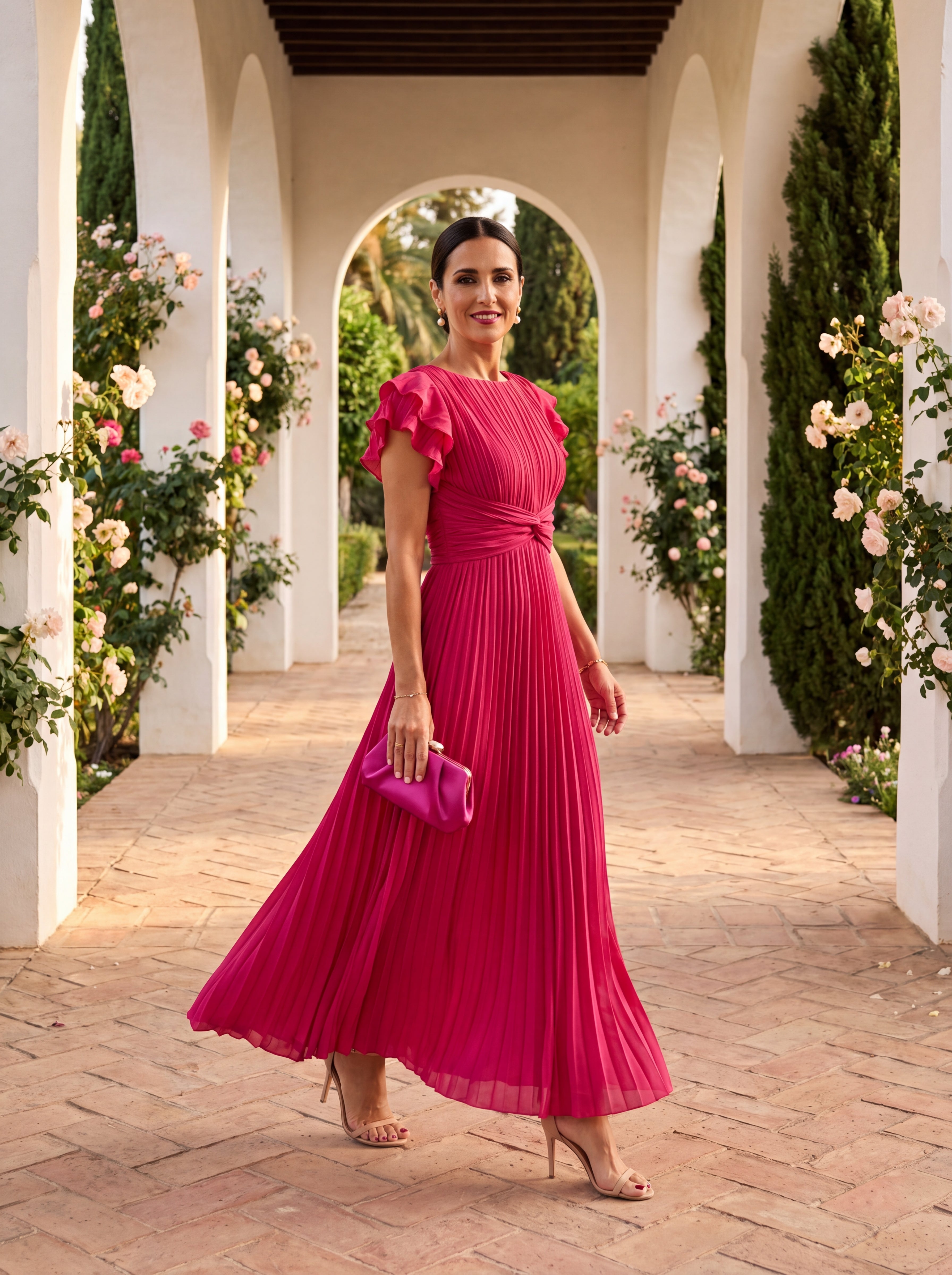 Martina | Vestido largo plisado y elegante con lazada en la cintura