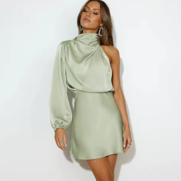 Maria | Vestido mini de un solo hombro con manga larga y cuello drapeado para mujer