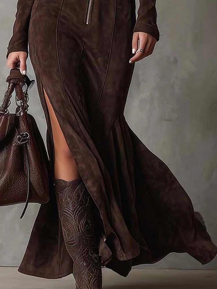 Marsella | Vestido largo marrón con cinturón