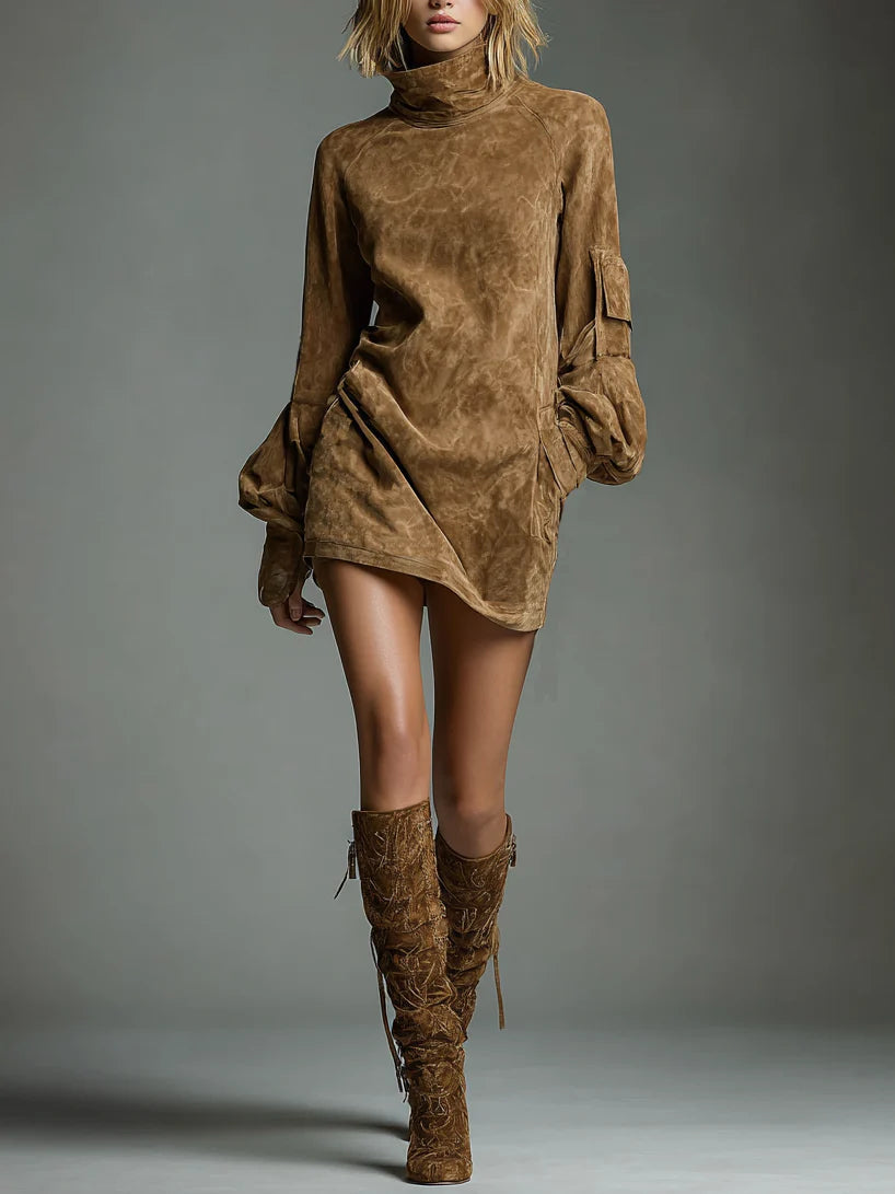 Valeria | Vestito corto oversize in camoscio a collo alto