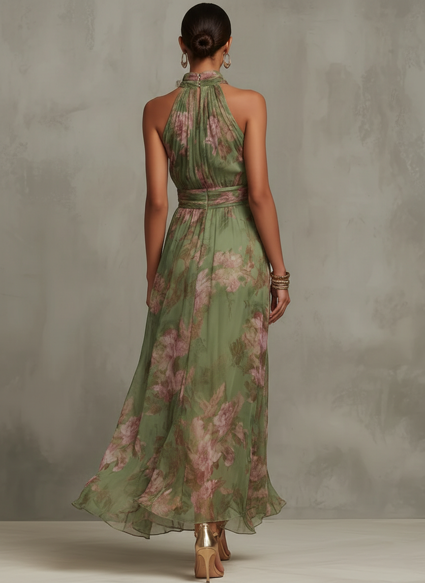 Olivia | Vestido largo elegante con estampado floral y cuello halter