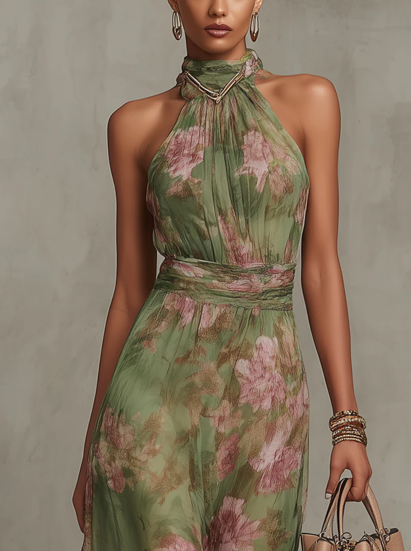 Olivia | Vestido largo elegante con estampado floral y cuello halter