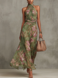 Olivia | Vestido largo elegante con estampado floral y cuello halter