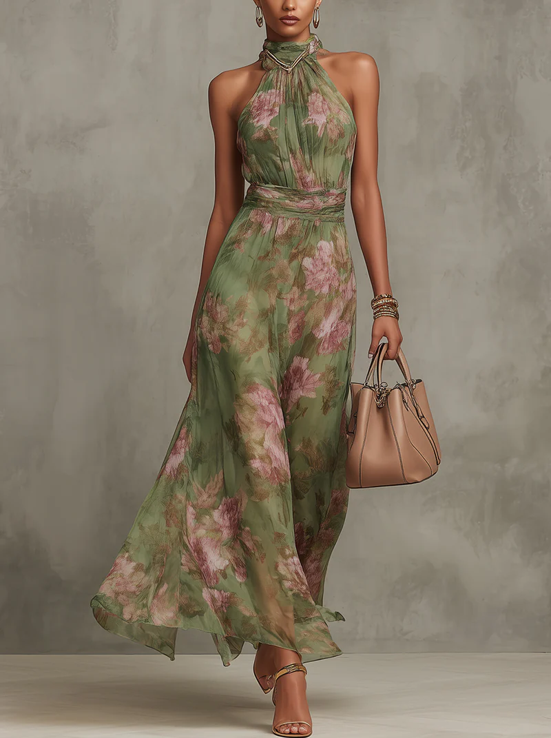 Olivia | Vestido largo elegante con estampado floral y cuello halter