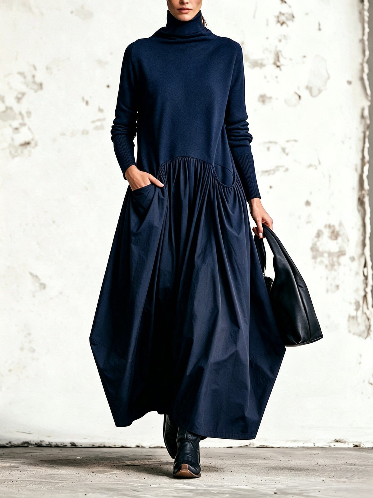 Olivia | Vestito lungo oversize a collo alto con tasche