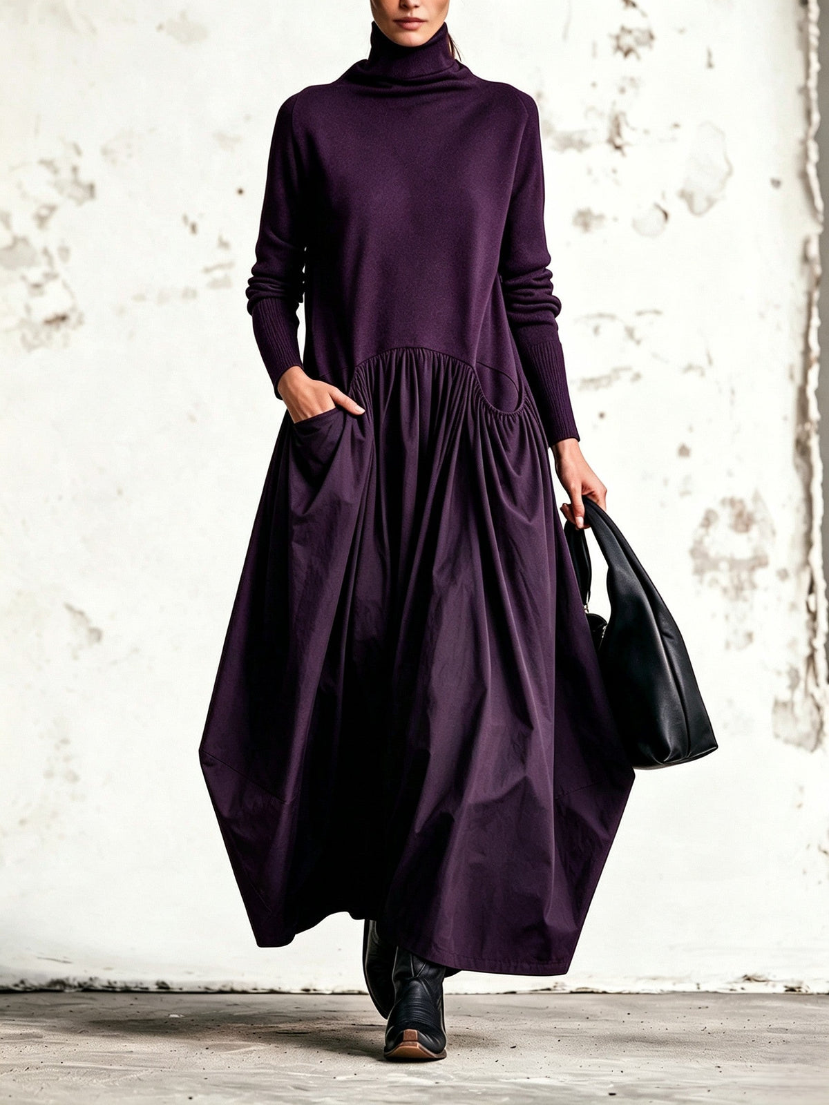 Olivia | Vestito lungo oversize a collo alto con tasche