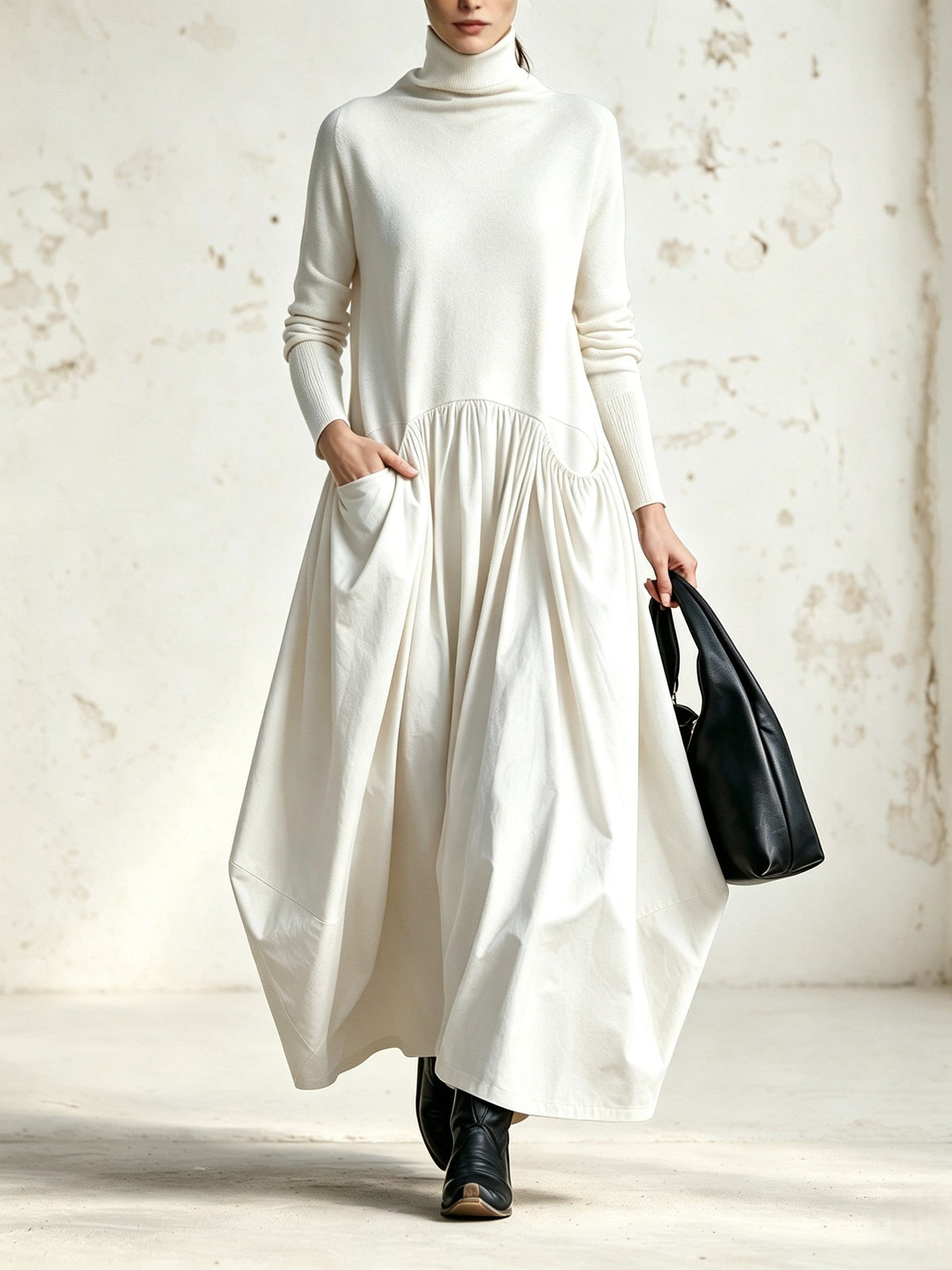 Olivia | Vestito lungo oversize a collo alto con tasche