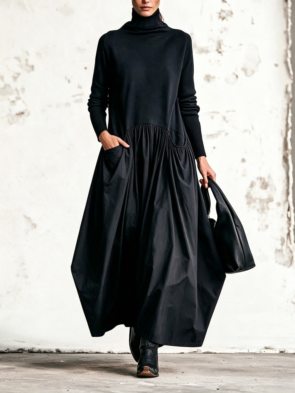Olivia | Vestito lungo oversize a collo alto con tasche