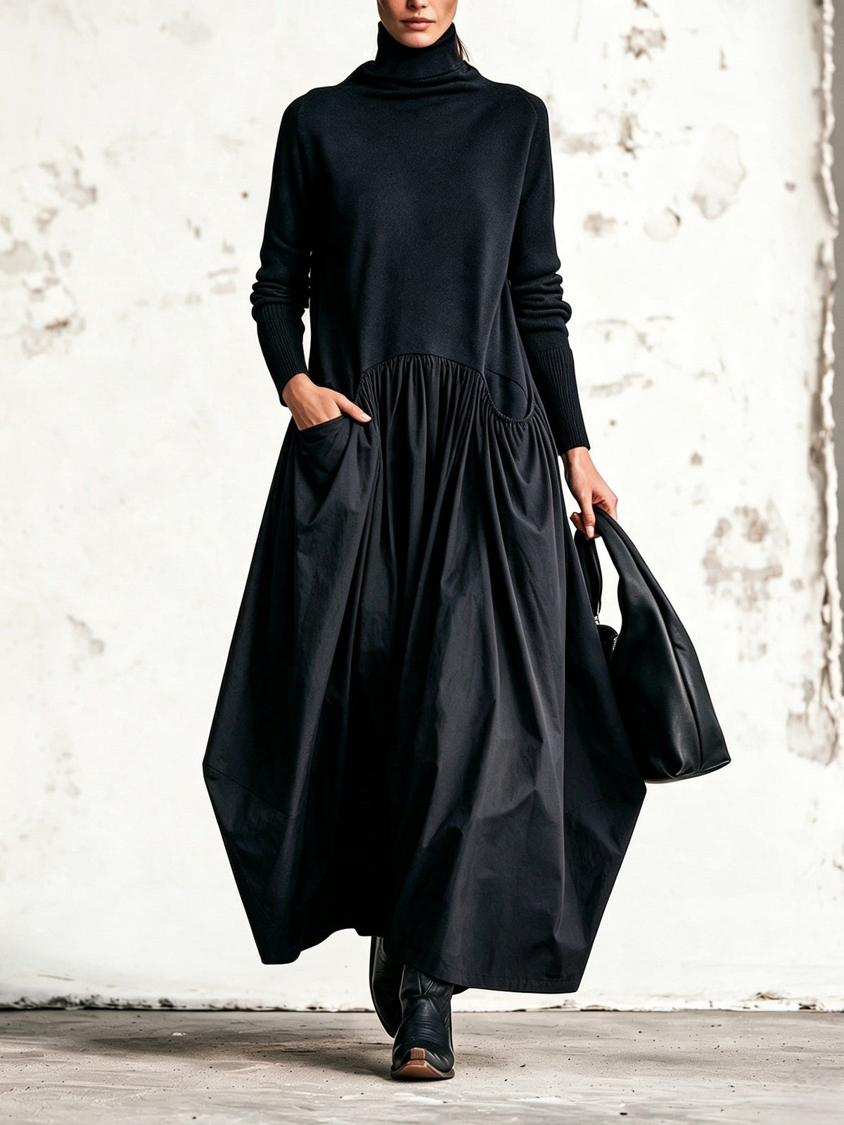 Olivia | Vestito lungo oversize a collo alto con tasche