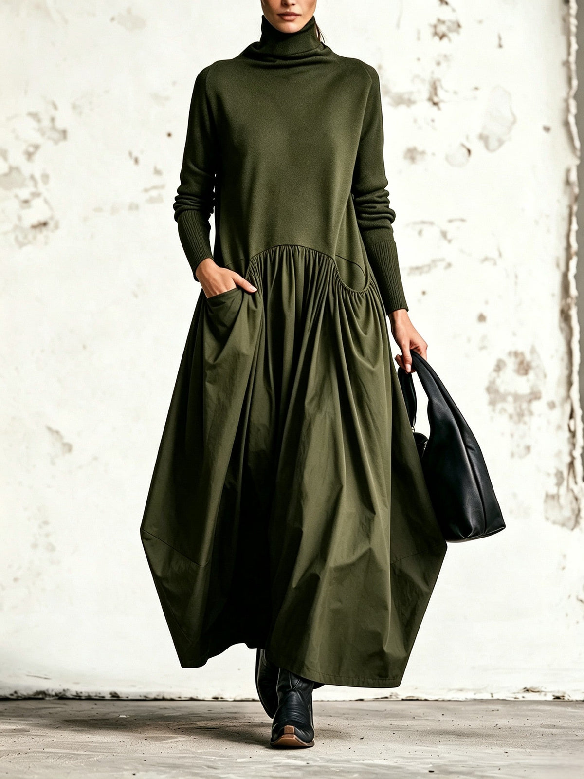 Olivia | Vestito lungo oversize a collo alto con tasche