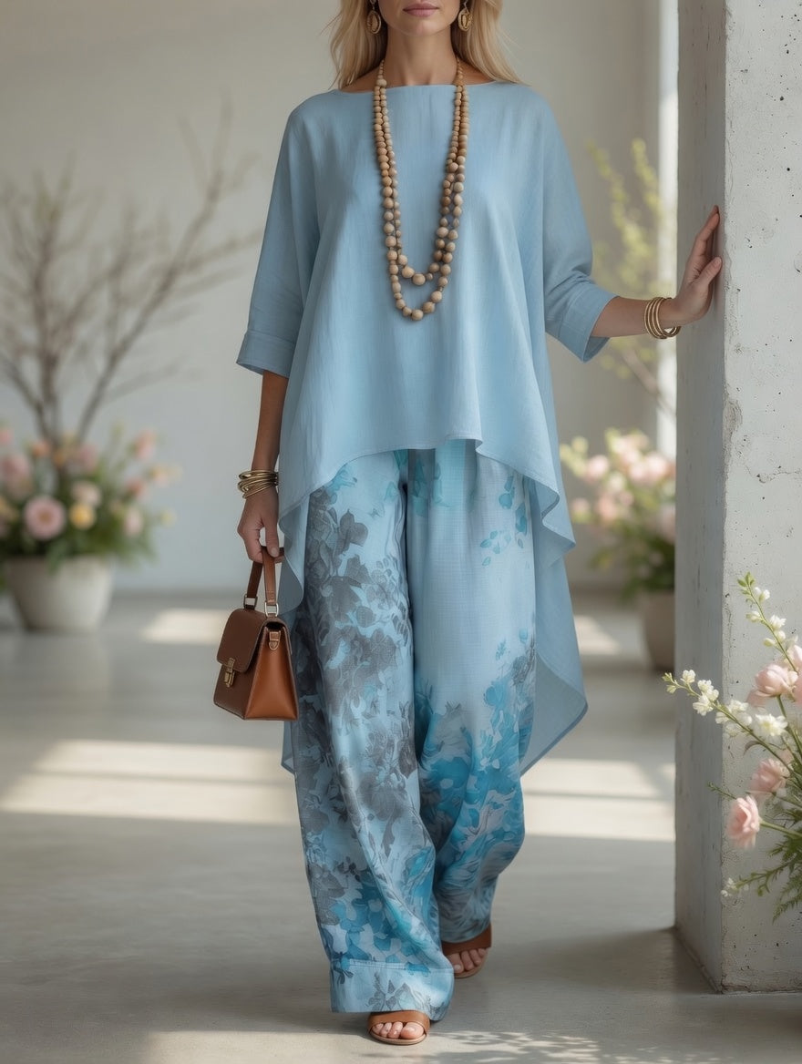 SANTINA | Completo Tunica Asimmetrica e Pantalone con Stampa Botanica