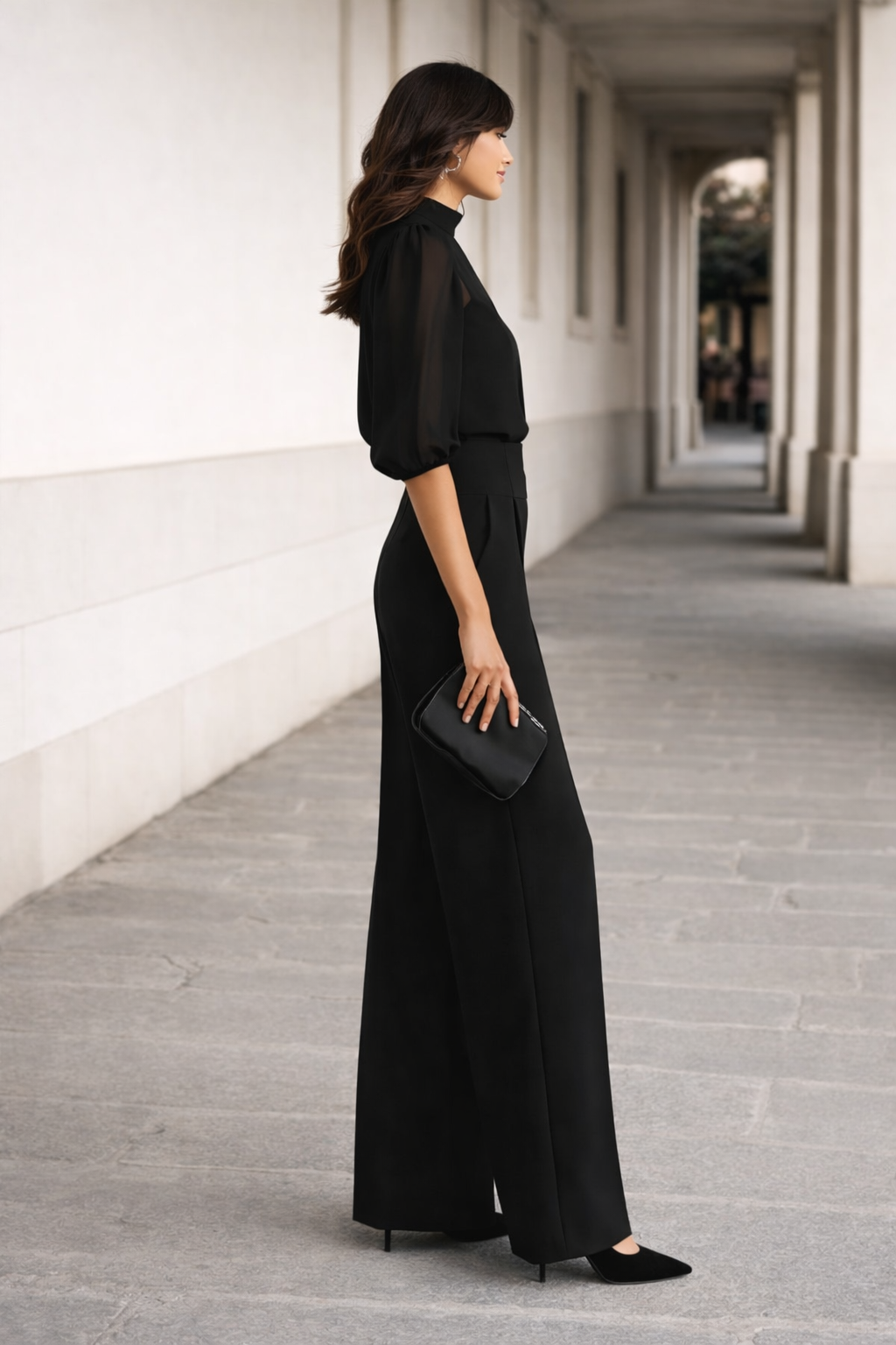 Valentina | Conjunto de tres piezas que incluye una camisola transparente y pantalones de pierna ancha.