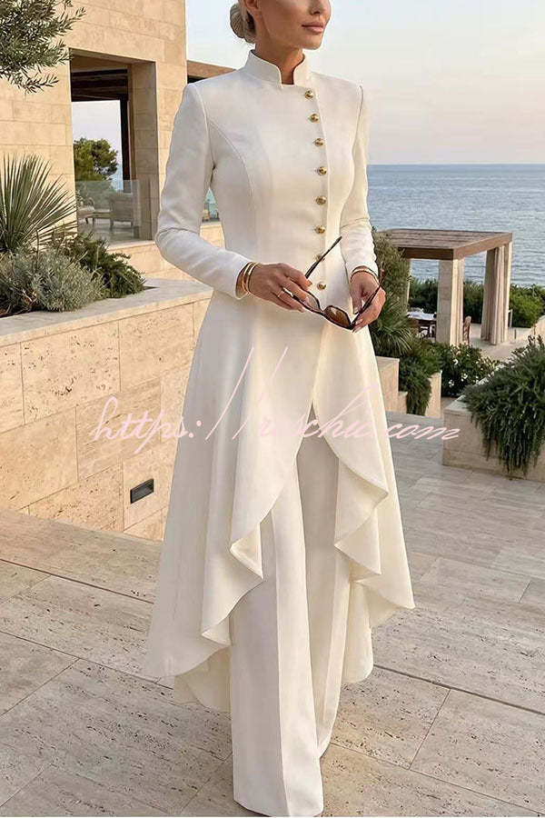 Gema | Completo di blusa a collo alto, maniche lunghe e orlo asimmetrico con bottoni