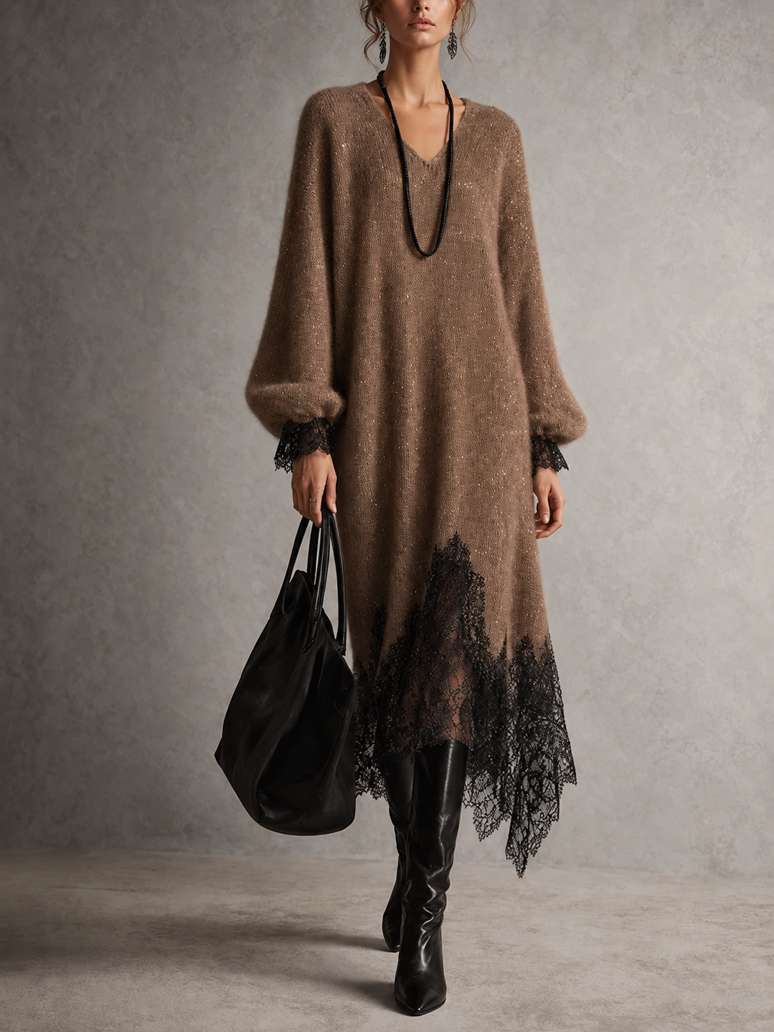 Sofía | Abito midi in maglia con bordo in pizzo