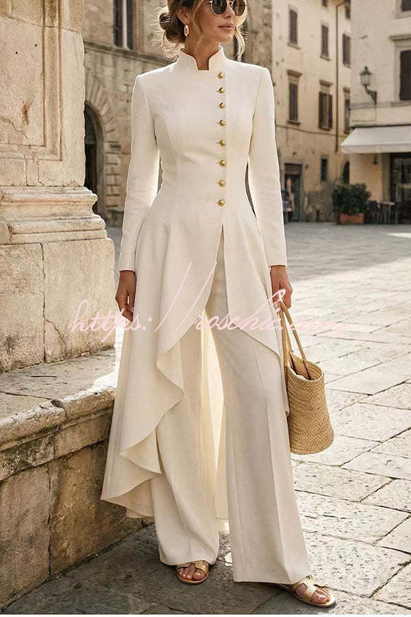 Gema | Completo di blusa a collo alto, maniche lunghe e orlo asimmetrico con bottoni