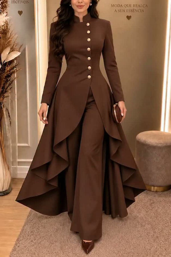Gema | Completo di blusa a collo alto, maniche lunghe e orlo asimmetrico con bottoni