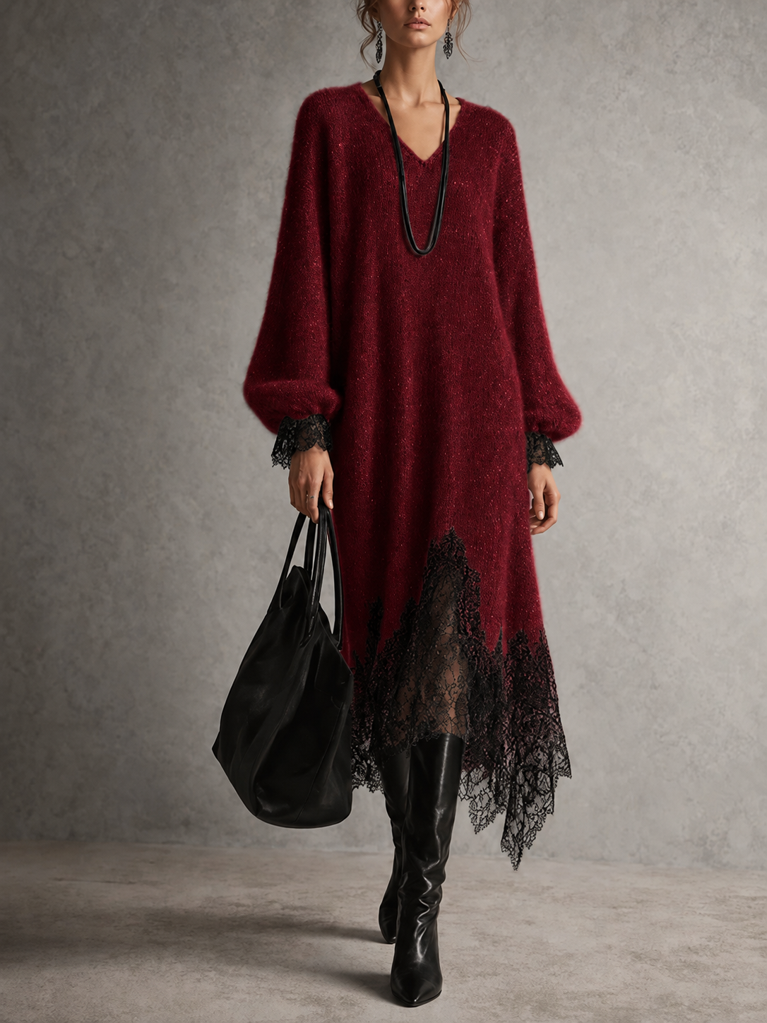 Sofía | Abito midi in maglia con bordo in pizzo