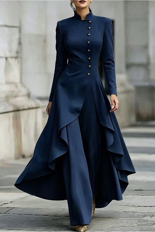 Gema | Completo di blusa a collo alto, maniche lunghe e orlo asimmetrico con bottoni