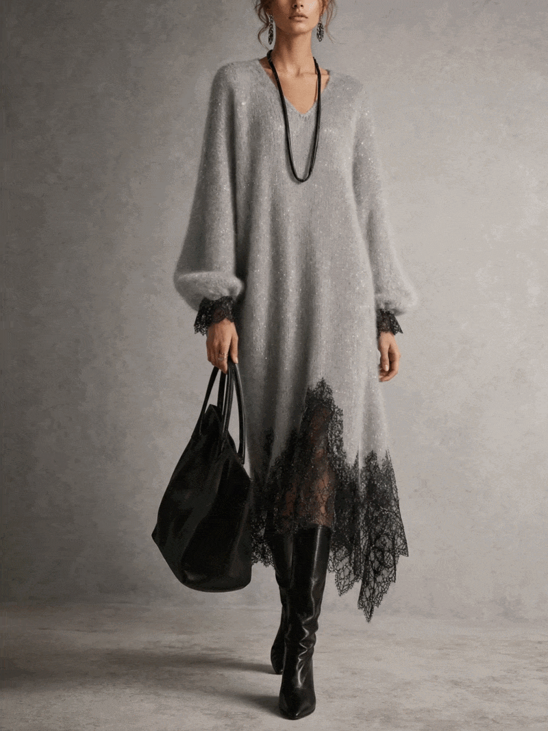 Sofía | Abito midi in maglia con bordo in pizzo