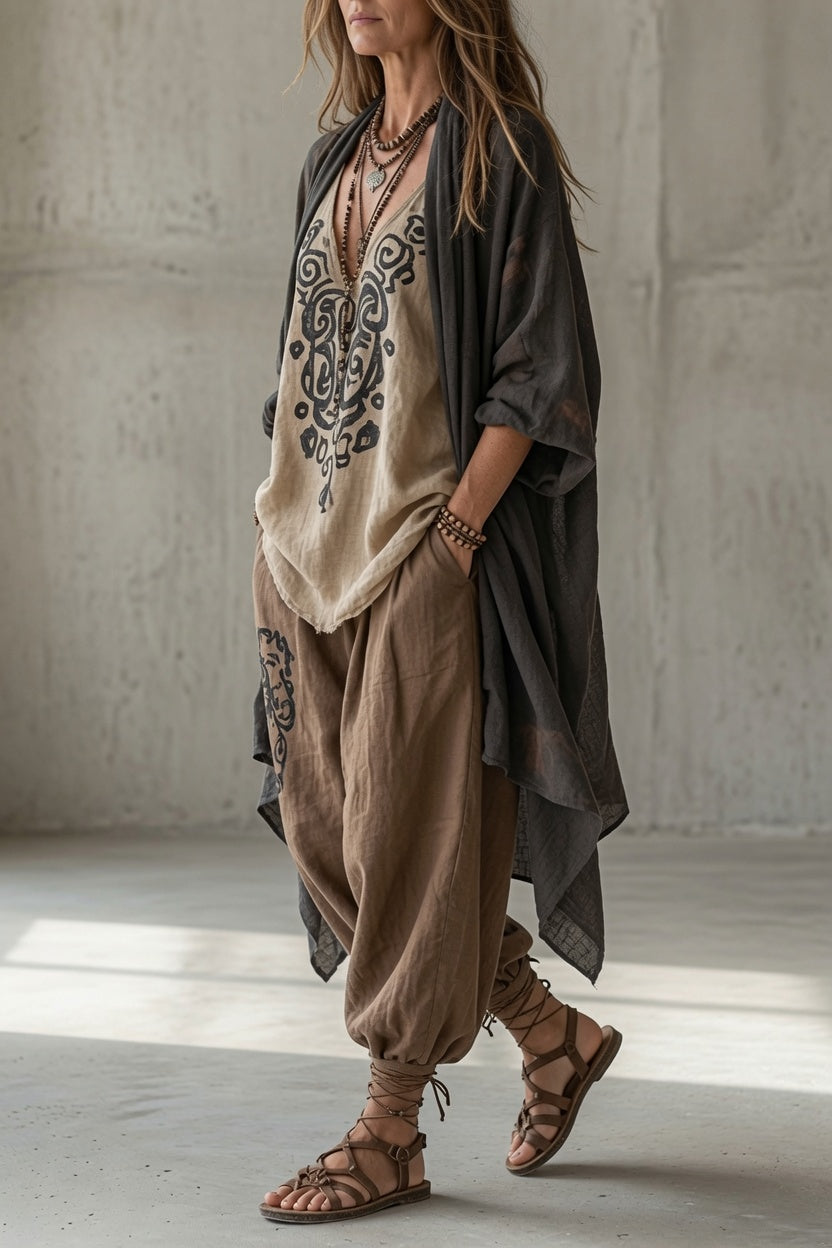 VINCENZA | Completo Tre Pezzi Top, Pantalone Harem e Cardigan Aperto