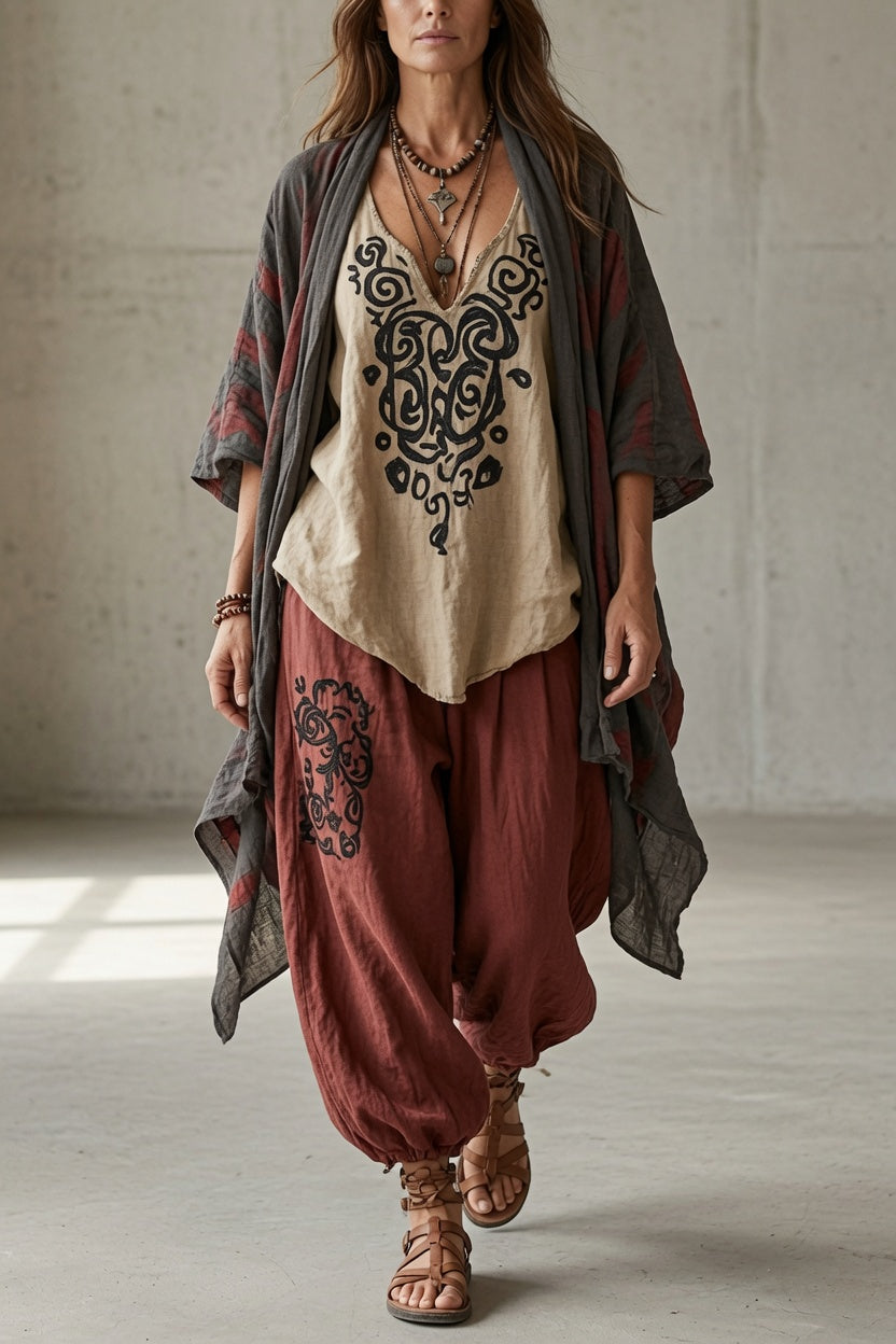 VINCENZA | Completo Tre Pezzi Top, Pantalone Harem e Cardigan Aperto