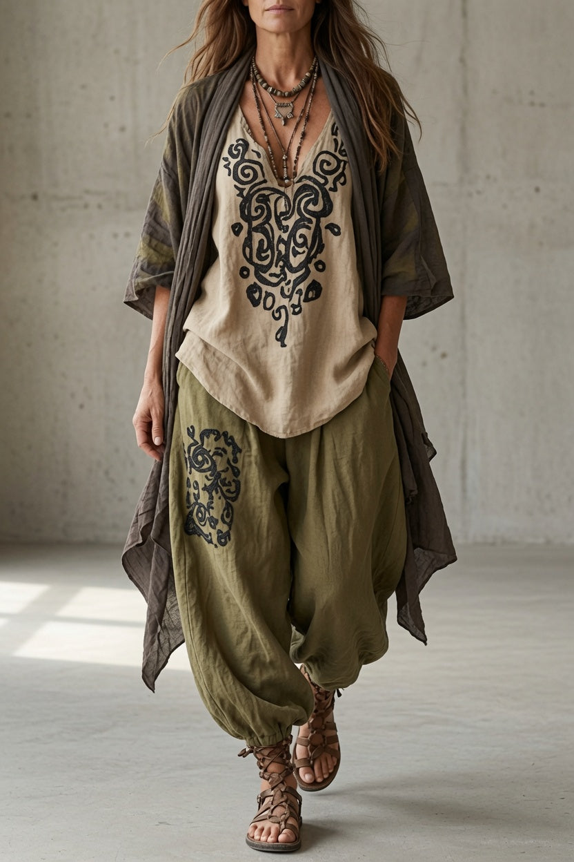 VINCENZA | Completo Tre Pezzi Top, Pantalone Harem e Cardigan Aperto