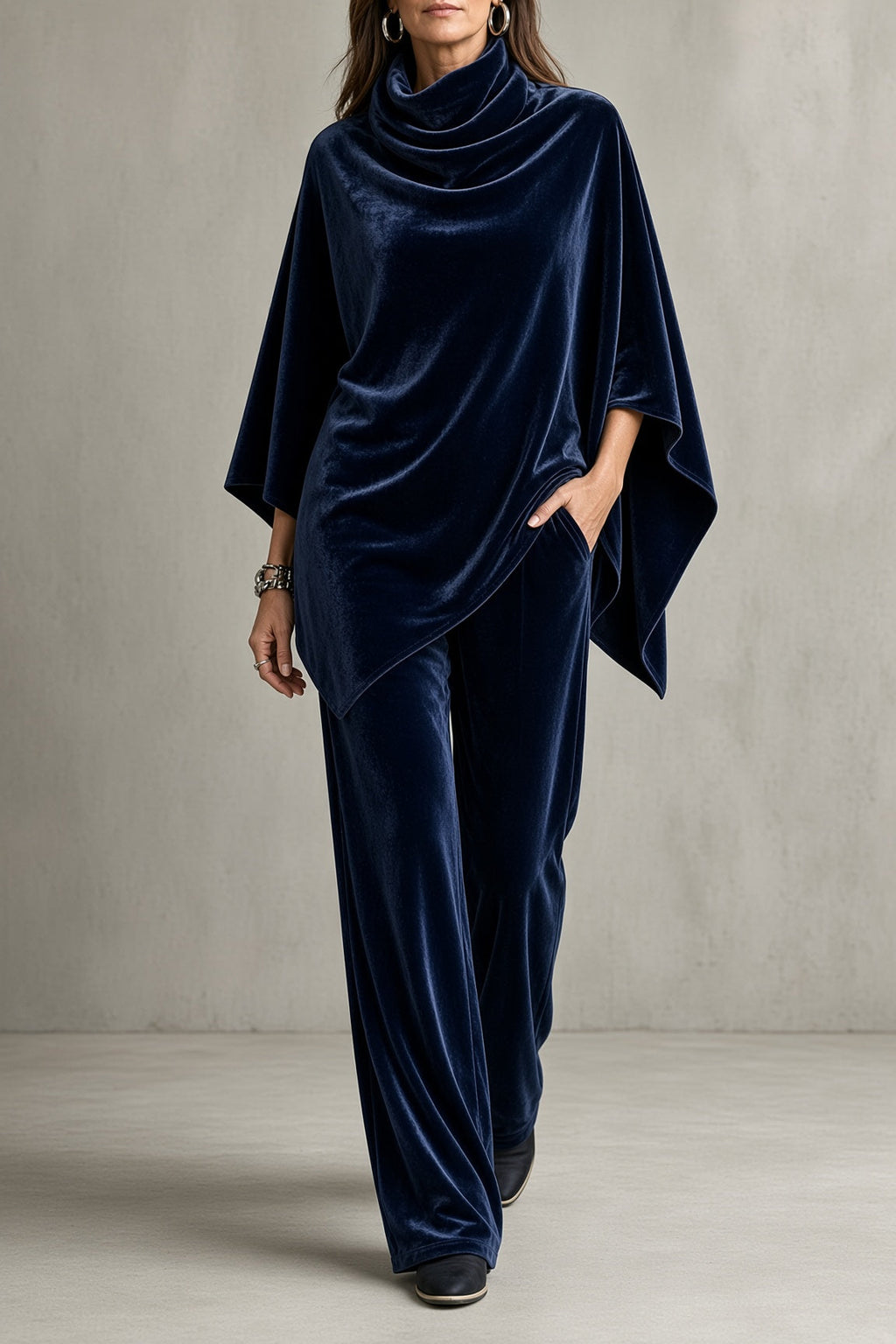 ELSA | Completo Poncho in Velluto con Collo Drappeggiato e Pantalone Largo