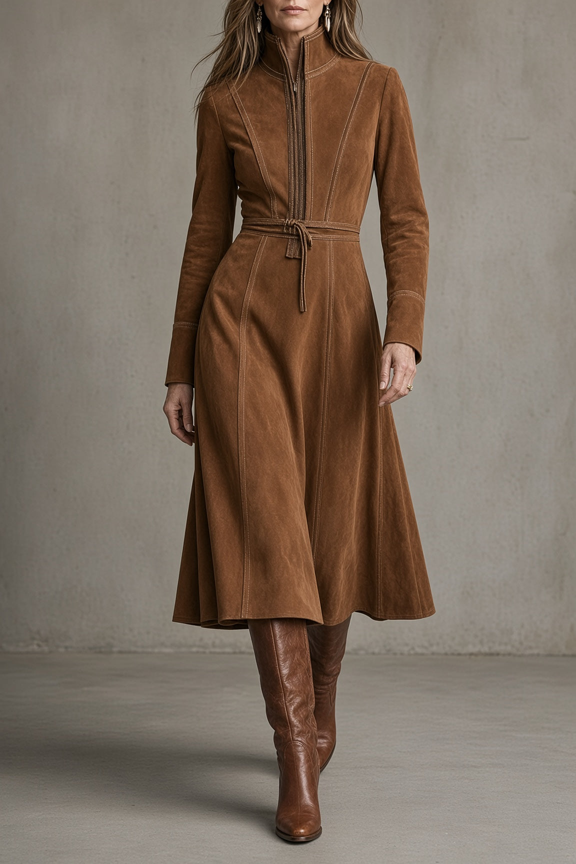 EDVIGE | Abito Midi Vintage con Collo Alto, Cintura e Cuciture a Contrasto