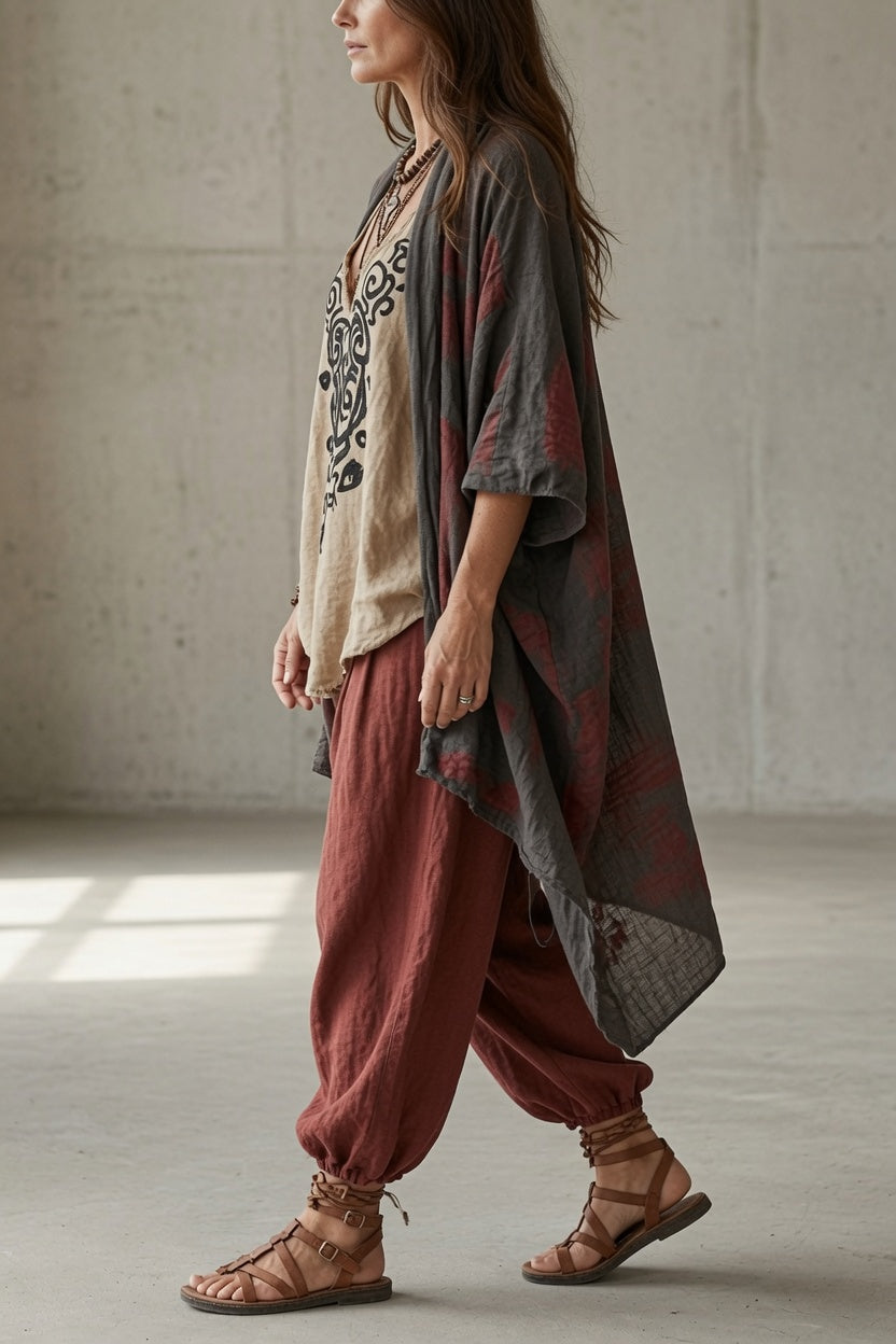 VINCENZA | Completo Tre Pezzi Top, Pantalone Harem e Cardigan Aperto
