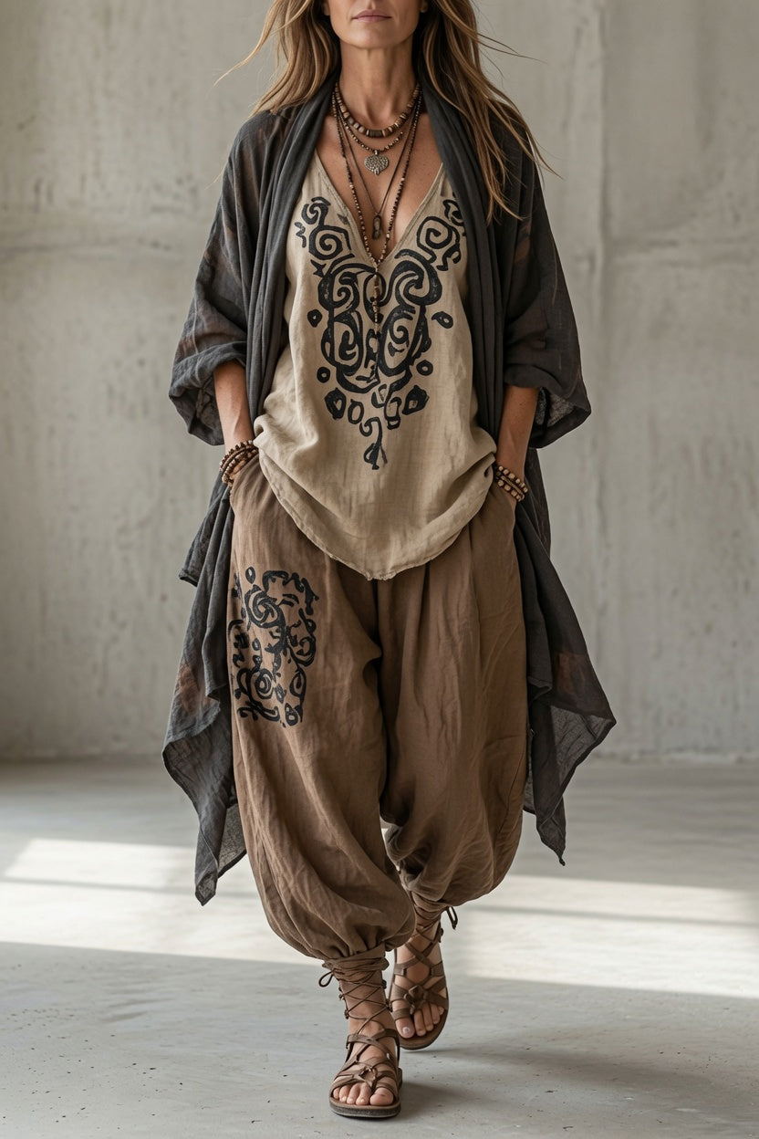 VINCENZA | Completo Tre Pezzi Top, Pantalone Harem e Cardigan Aperto